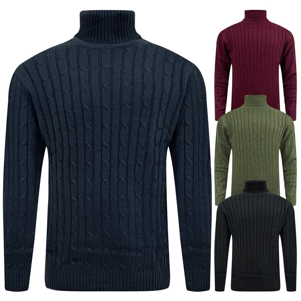 Mens Fashionego Cable Knit Turtle Neck Jumper Roll Neck Sweater Ribbed Pullover