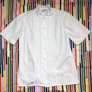 Lady Holiday Secretary Blouse Large White Tuxedo Button Down Vintage - Picture 1 of 6