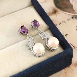 Amethyst and Pearl Teardrop Dangle Wedding Earrings 925 Silver Anniversary Gift - Picture 1 of 9