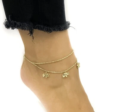 Tobillera ajustable de oro amarillo de elefantes hinchados de lujo de oro 14k de 9 a 10 pulgadas Foto 1 de 3
