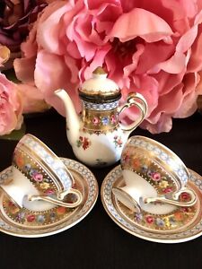 Orchid Porcelain Bone China Miniature Tea Cups Teapot Set Roses Garlands Gold