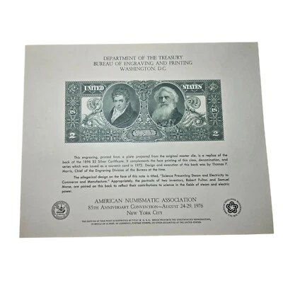 1976 American Numismatic Association BEP Engraving 1896 $2 Silver Certificate - Image 1 of 4
