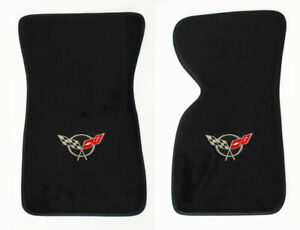 NEW! Black Floor Mats 1968 - 1982 Chevy Corvette With Embroidered Silver Flags 