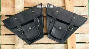 1 pair Motorcycle Saddle Bags Luggage Side Bag Black Genuine leather CAFE RACER - Picture 1 of 6