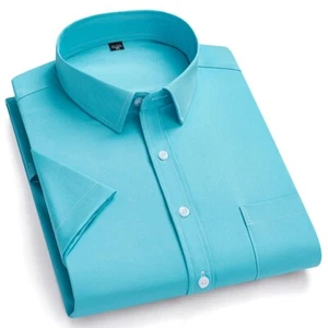 Men's Dress Shirts Ice Silk Business Short Sleeves No Iron Elastic Casual Shirts - Picture 1 of 34