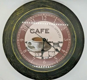 Round 11" Dia Kitchen Wall Clock Faux Brushed Antique Bronze Cafe Bon Appetit - Picture 1 of 9