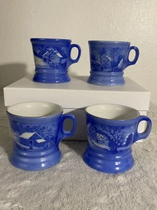 Vintage Currier And Ives Shaving Mugs Blue & White Lot of 4 Different Designs - Picture 1 of 18