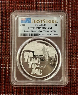 2020 $1 PCGS PR70DCAM TUVALU JAMES  BOND-NO TIME TO DIE SILVER COIN  - Image 1 of 2