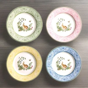 NEW Pottery Barn S/4 Mixed Botanical Bunny Salad Plates 8.5" Stoneware Easter - Picture 1 of 11