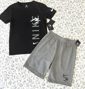 Nike Kids' Boys Vertical Logo Graphic BLACK GREY T-Shirt & Shorts Set SM 8 NWT - Picture 1 of 13