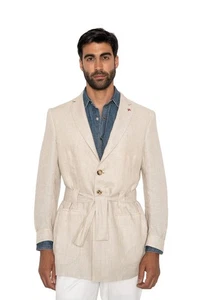 $5600 ISAIA NAPOLI Beige Belted Sahariana Jacket 100% Linen 40 US / 50 EU 8R - Picture 1 of 9