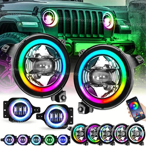 RGB 9'' Halo LED Headlights Fog Light Combo Fit Jeep Wrangler JL Gladiator 2018+ - Foto 1 di 19