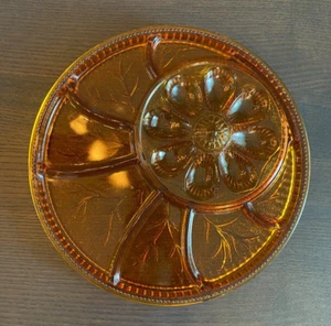 Vintage INDIANA GLAS Bernstein 13" TEUFEL EIERSCHALE geteilt Relish SERVIERPLATTE - Bild 1 von 5
