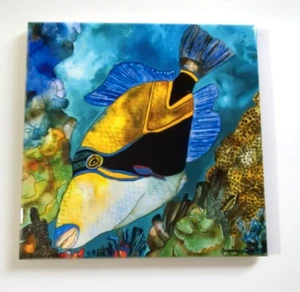 CANDACE LEE Ceramic Tiles Trivet Visions of the Tropics Trigger Fish RARE Art - Picture 1 of 7