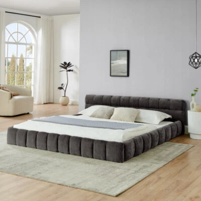 King Size Bed Frame Upholstered Platform Bed with Headboard No Box Spring Needed - Image 1 of 4