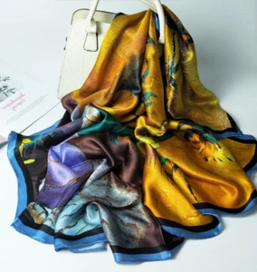 100% Silk 41" large Square Scarf Women Shawl Wrap floral yellow blue gray HD91-4 - Picture 1 of 1