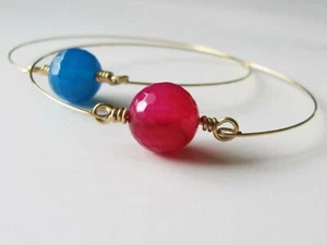 Brazalete de Ágata Rosa Azul Piedras Preciosas Dorado Apilable Boho Fushia Natural  - Imagen 1 de 6