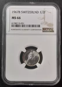 More details for 1967 (b) switzerland silver half  1/2 franc. ngc ms 66