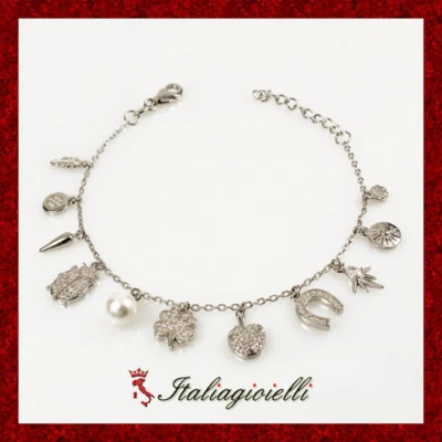 Prezioso Bracciale Charms Brillante in Argento 925 Rodiato Oro Bianco - Immagine 1 di 3