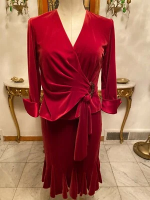 Blusa de terciopelo roja de 2 piezas vintage de JS Collections con corbata y puños y falda acampanada Foto 1 de 3