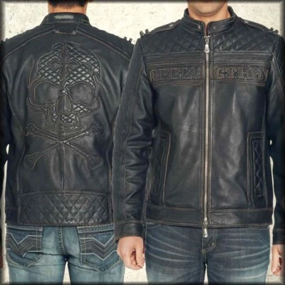 Affliction Highway Man 110OW067 Skull Moto Mens Leather Jacket Black LE NEW $595 - Image 1 of 4