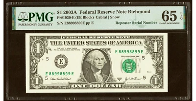 2003 A $1 FRN Fancy Repeater Serial Number 88998899 PMG GEM 65 EPQ - Image 1 of 2