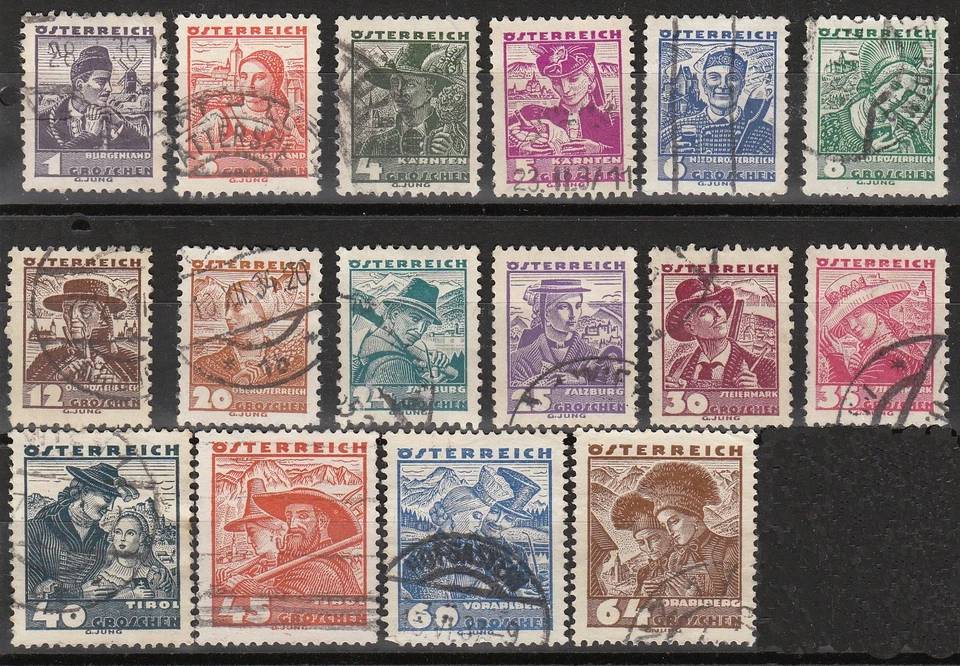 Stamp Austria SC 0354-69 1934 Costumes Districts Vienna Salzburg Military Used - Image 1 of 1