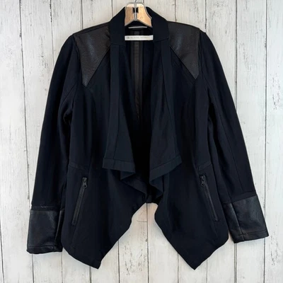 Blanc Noir Black Faux Leather Stretch Cotton Moto Jacket Mesh Accent Size Small - Image 1 of 4