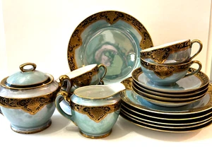 Antique Noritake Mokimura Blue Teal Lusterware Gold Encrusted Tea Set Art Deco - Picture 1 of 22