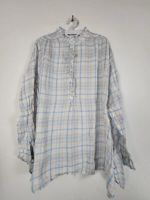 CP Shades Womens Large Plaid Ruffle Collar Button Top Linen Blue Beige 1358-228 - Image 1 of 4