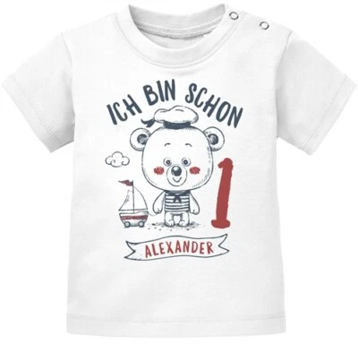 SPECIALME personalisiertes Baby T-Shirt mit Namen Ich bin schon 1 Bär Kapitän Captain