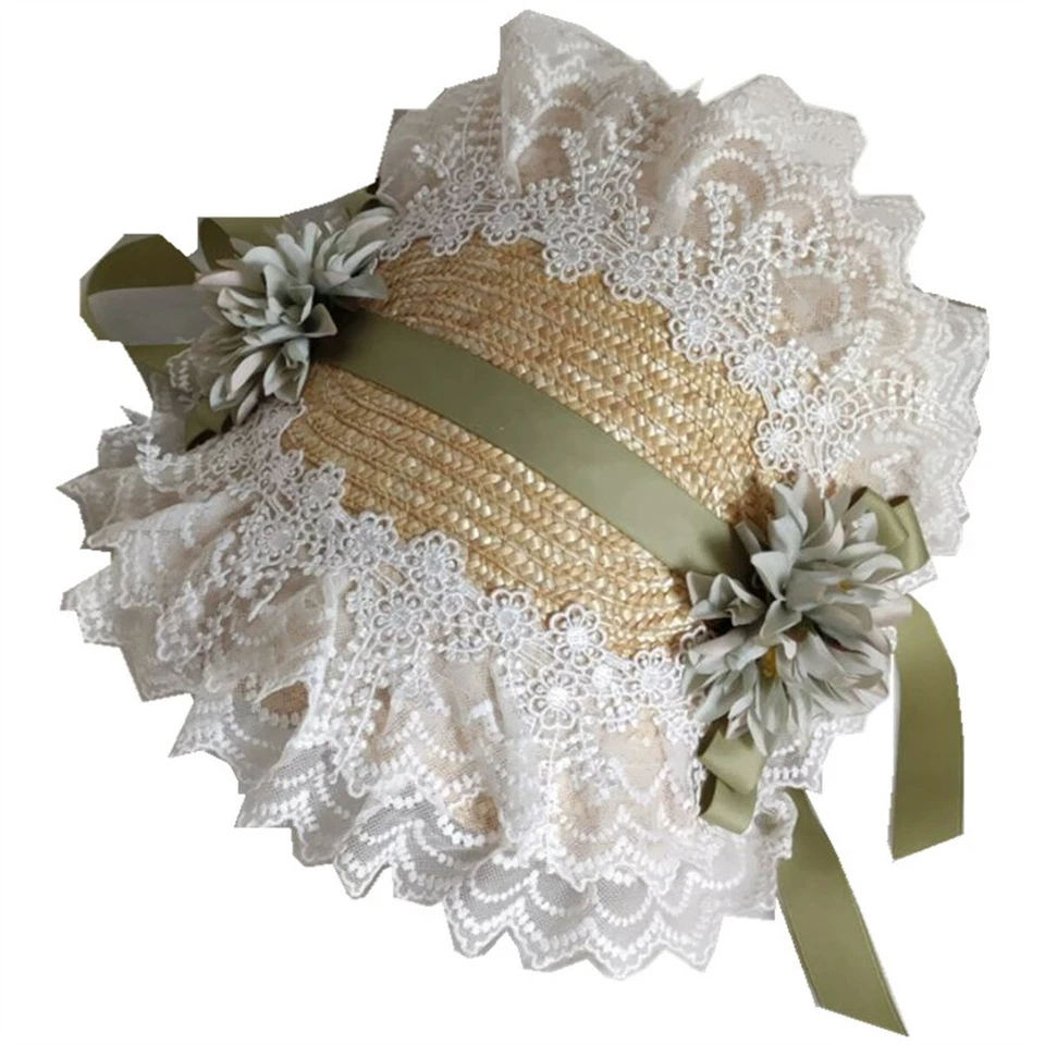 Gorro de paja victoriano para mujer con ala de encaje floral clásico sombrero de lolita Foto 1 de 4