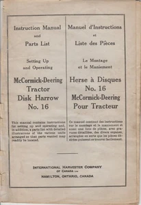 McCormick Deering No. 16 Tractor Disk Harrow Operating Setting Up & Parts Manual - Picture 1 of 2