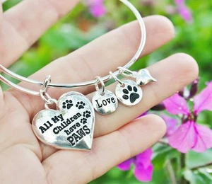 Pet Mom Expandable Wire Bangle Bracelet Paw Print Sterling Silver Plt Dog Cat - Picture 1 of 5