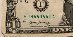 Billete de $1 dólar 2017 circulado dobles seis serie elegante # F 49 66 3 66 1 A - Imagen 1 de 3