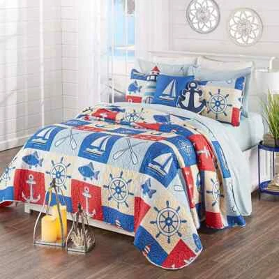 Nautical Anchor Lighthouse Quilt Set Costal Sailboat Fish Ship Wheel Quilt Set - Image 1 of 4