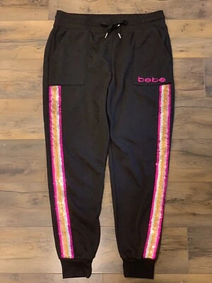 Bebe Sport Women Medium Black Jogger Pink Sequin Stripe Cute Lounge Sweatpant - Image 1 of 4