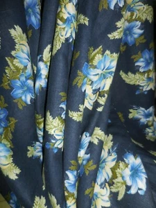 3Y Vintage Linen Cotton Fabric Navy Blue Lilies Floral Decor Fashion 55W #0812 - Picture 1 of 8