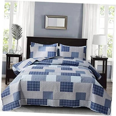  Juego de edredón king juegos de cama a cuadros tamaño king 3 king (96"x 108") azul marino claro Foto 1 de 4