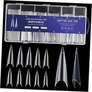 500pcs Extra Long Stiletto Nail Tips - Clear False Nails 10 Sizes Half Cover - Picture 1 of 7