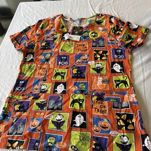 ScrubStar scrub top womens XL Halloween Frankenstein Cats Ghosts Spiders Boo - Picture 1 of 4
