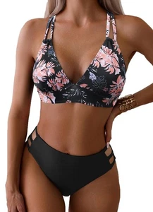 Fanuerg Hollow Push Up Bikini Set Criss Cross Back Floral Zweiteiler Schwarz L - Bild 1 von 4
