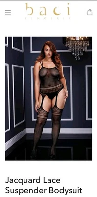 Baci Lingerie Women's Queen Size 14-18 Black Jaquard Lace Suspender Bodysuit - Image 1 of 4