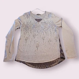 Y2K Miss Me Top Women’s Small – Beige Long Sleeve Lace Sequin Beaded Blouse - Picture 1 of 9