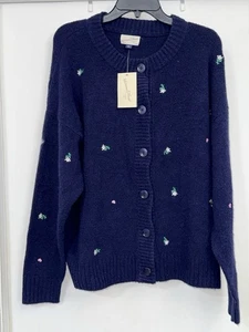  Navy Floral Embroidered Long Sleeve Sweater Cardigan size XXL - Picture 1 of 9