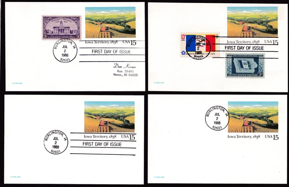 1988 IOWA Centennial FDCs Sc UX123 lot of 4 different + 1 mint postal card - Image 1 of 2