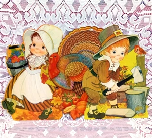 VTG 70s Hallmark THANKSGIVING Die Cut PILGRIMS Turkey ALL PRINTED ON BOTH SIDES - Picture 1 of 19
