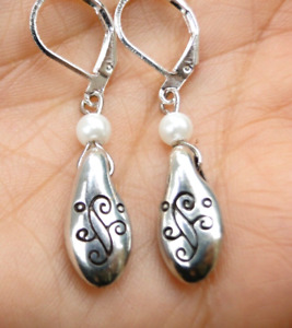 Altered Brighton Silver Etched Charm & Small Faux Pearl On Lever Back Earrings
