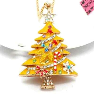 Betsey Johnson Yellow Christmas Tree Crystal  Pendant Necklace purple velvet bag - Picture 1 of 2