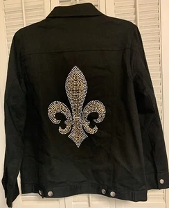Quacker Factory Fleur de Lis Rhinestone Denim Jean Jacket Size XS Black - Picture 1 of 4